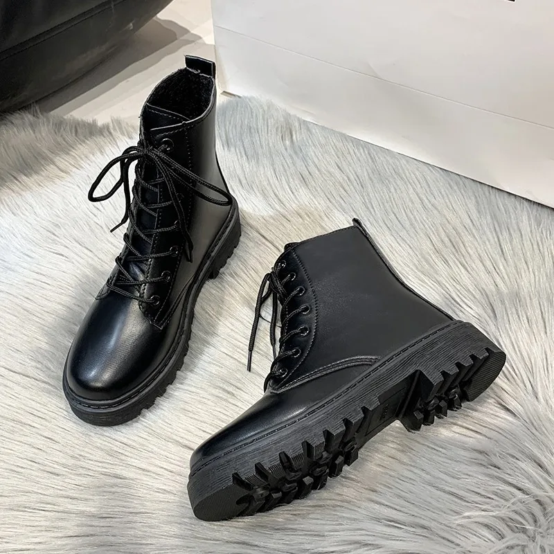 New Platform Shoes Women Boots Round Toe Zipper Spring Autumn Fashion Ankle Female Black Lace-up Boots for Women Shoes Large S