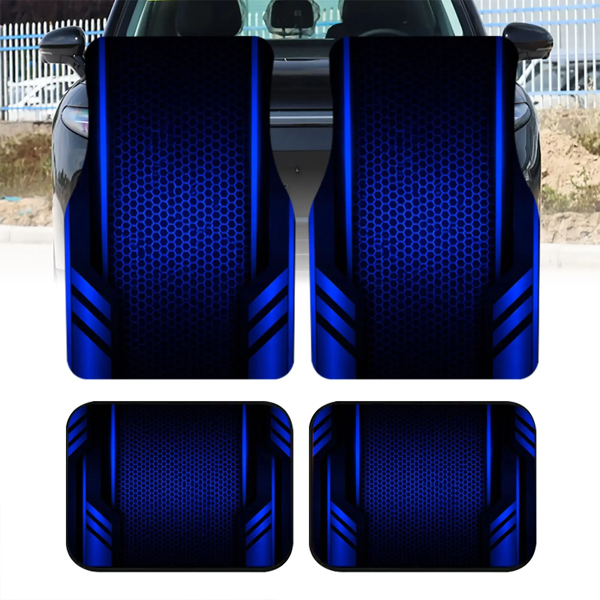4pcs Polyester Fiber Blue Hexagon Pattern with Dynamic Stripe Design, Stylish Car Floor Mats for Universal Fit for Most Car Suv
