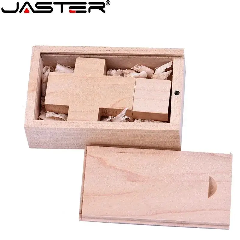 JASTER-unidades Flash USB 2,0 con cruz de Jesús de madera, 128GB, Memory Stick de madera de arce, 64GB con caja, Pen Drive, 32GB, regalo creativo, disco U