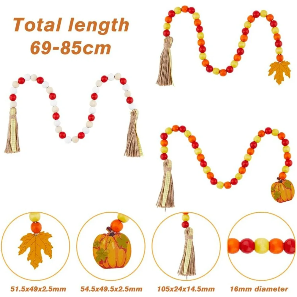 3Pcs 3 Style Halloween Wood Beads Garland with Tassel Wood Bead Chains with Pumpkin and Maple Leaf Pendant Farmhouse Home