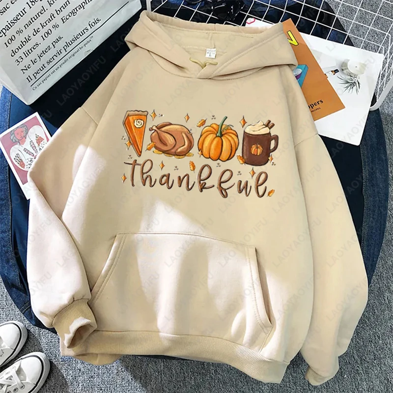 

Thankful Pumpkin Thanksgiving Sweatshirt Coffee Turkey Pie Pattern Print Pullover Men Women All Saints' Day Party Thermal Hoodie