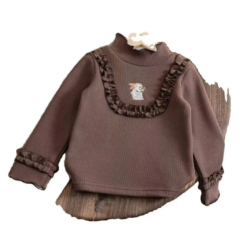 2023 Autumn/Winter New Children\'s Fashionable Plush Warm Sweater Girl Baby Embroidered One piece Plush Cartoon Bottom Shirt