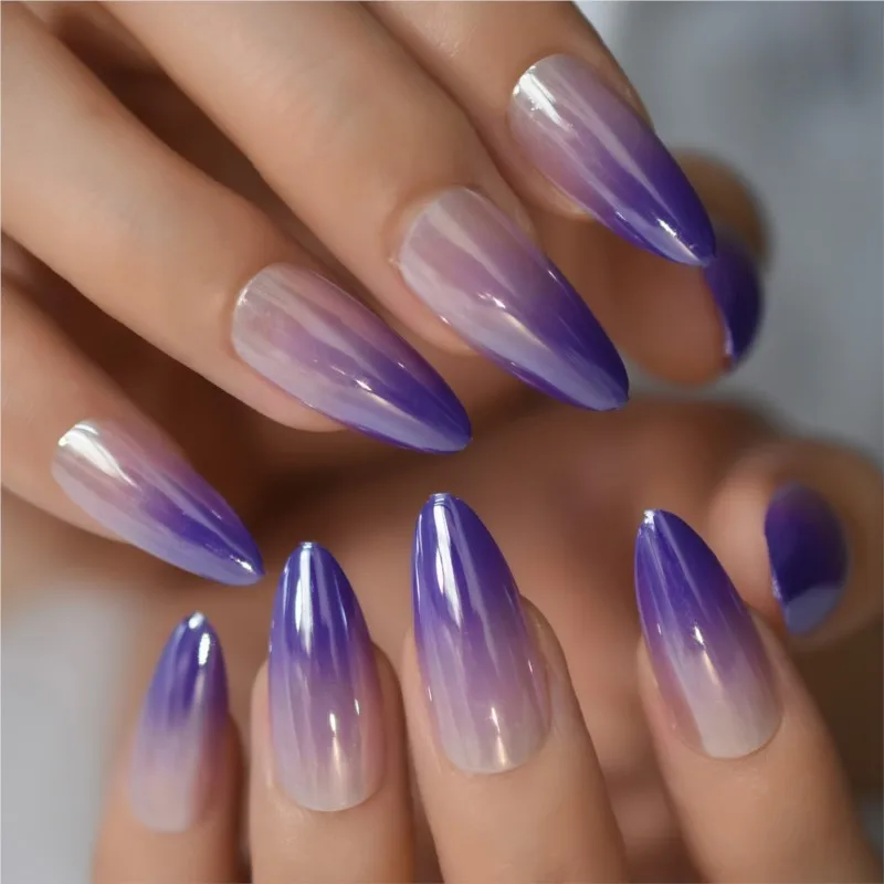 Faux ongles de longueur moyenne, violet brillant, couleur chair ombré, n64, nail art, couleur amande chromée, magnifique nickel é, couverture complète