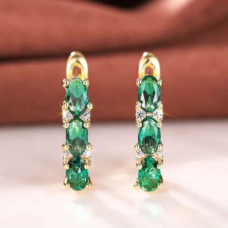 2026 New European and American Cube Oxidized Green Zircon Earrings Elegant, Versatile, Luxury, Elliptical Green Accessories