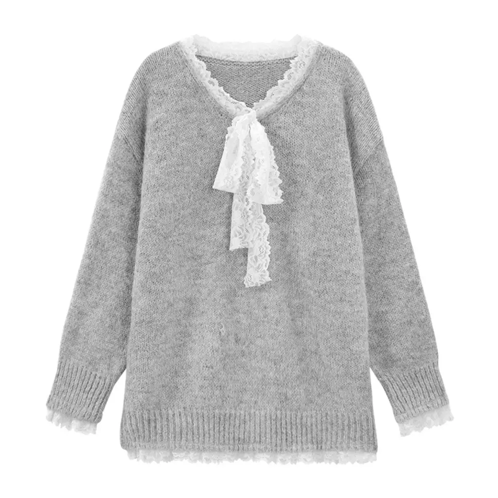 

Women's Lace Bow Stitching Long-Sleeved Sweater Loose Fit Mid-Length Knitwear Top for Autumn Lazy Style