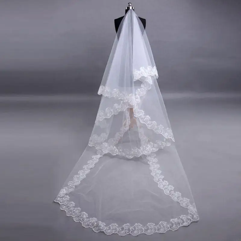 1-Tier Wedding Veil Waist Length Short Bride Tulle Hair Accessory with Lace Trim