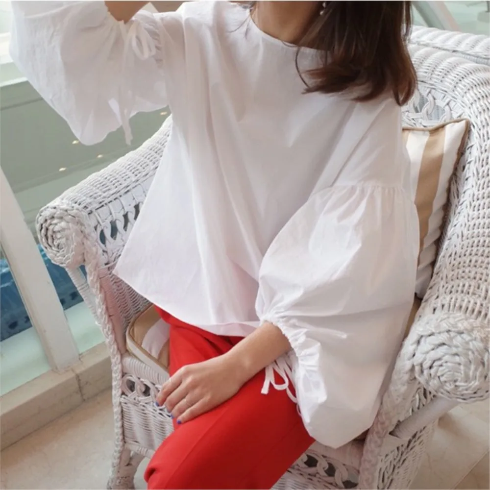 

White lantern sleeve shirt for women spring and summer bubble sleeves cotton loose long sleeved top