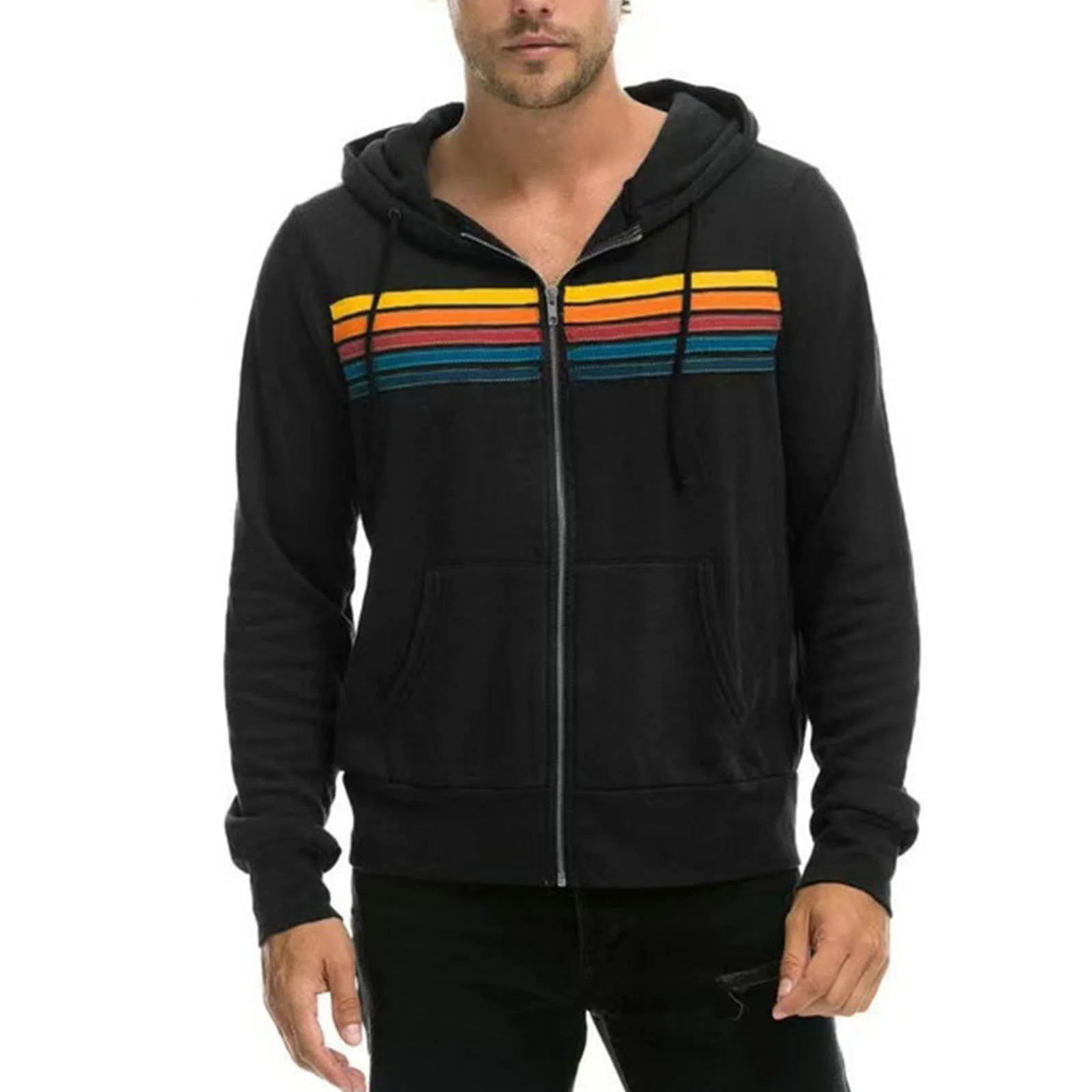 Couples Fashion Rainbow Stripe Zipper Hoodie Aviator Nation Long Sleeve Elastic Pullover Hoodie Sweatpants sports for couples