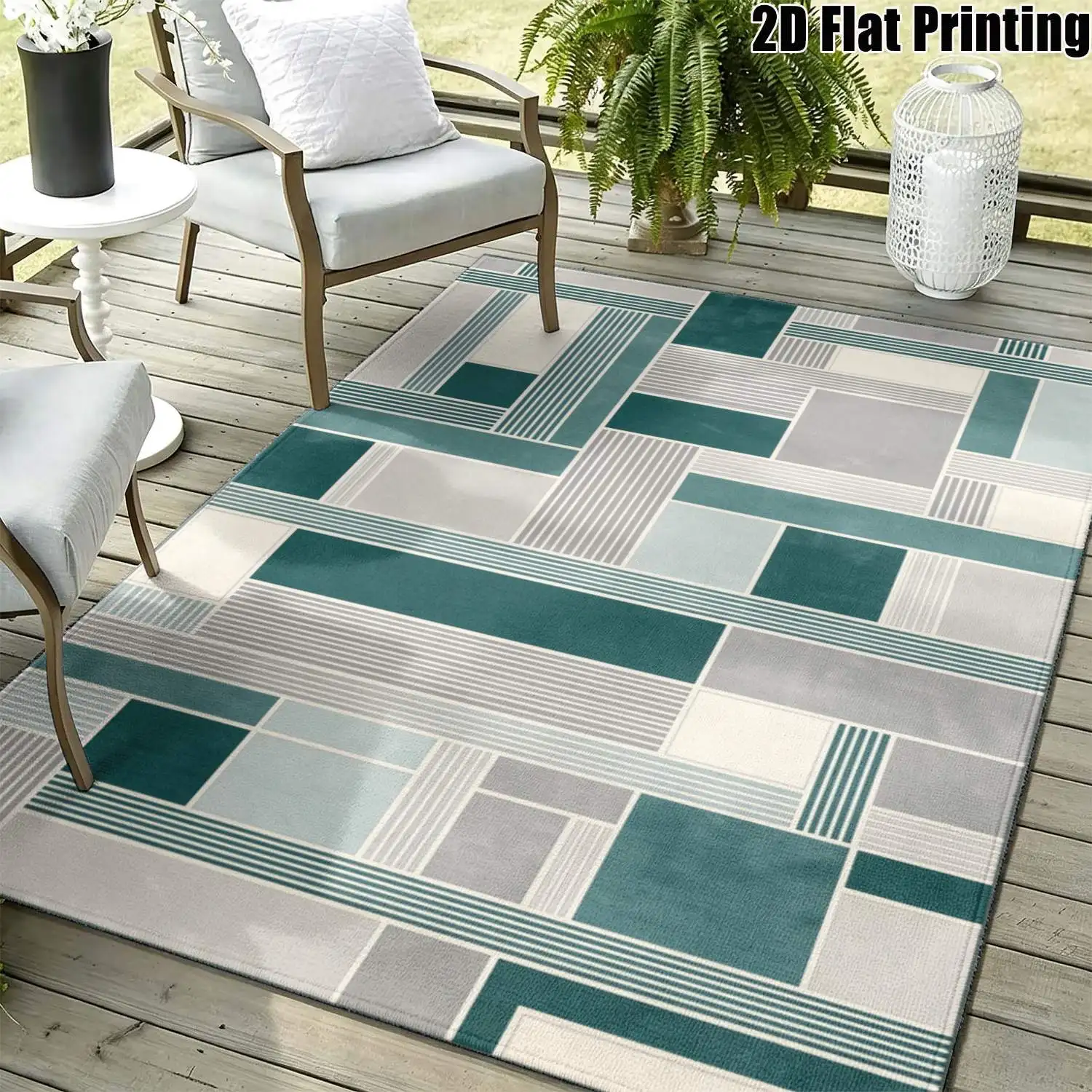 1Pc 2D Printed Blue-Grey Geometric Striped Nordic Modern Minimalist Carpet for Home Decor, Multi-Size, Machine Washable, Suitable for Entrance, Dining Room, Foyer, Bedroom, Living Room