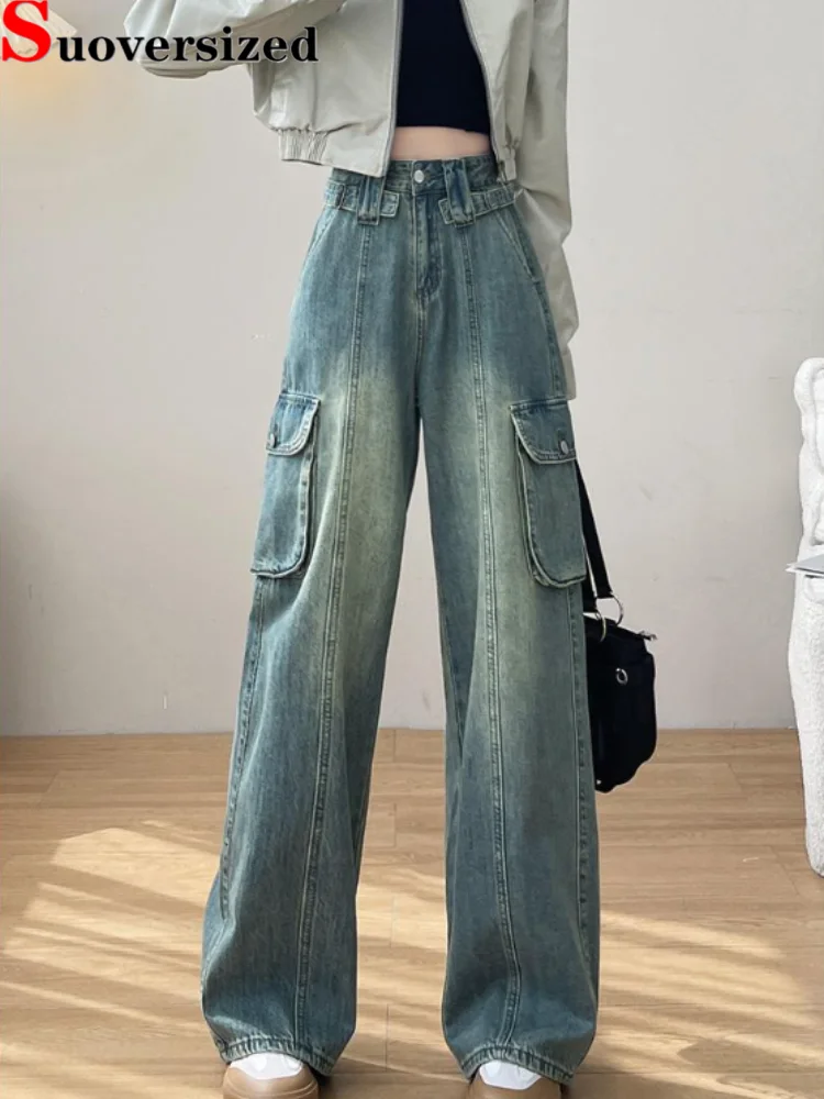 Vintage Cargo Straight Washed Jeans Baggy High Waisted Fashion Streetwear Denim Pants Women's Casual Wide Leg Retro Vaqueros