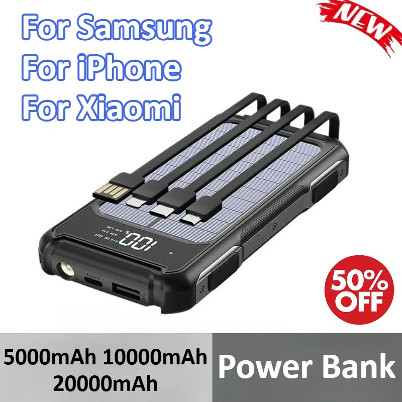 

5000mAh 10000mAh 20000mAh Power Bank For Samsung For iPhone For Xiaomi Built in Cables With Solar Panel Portable PowerBank