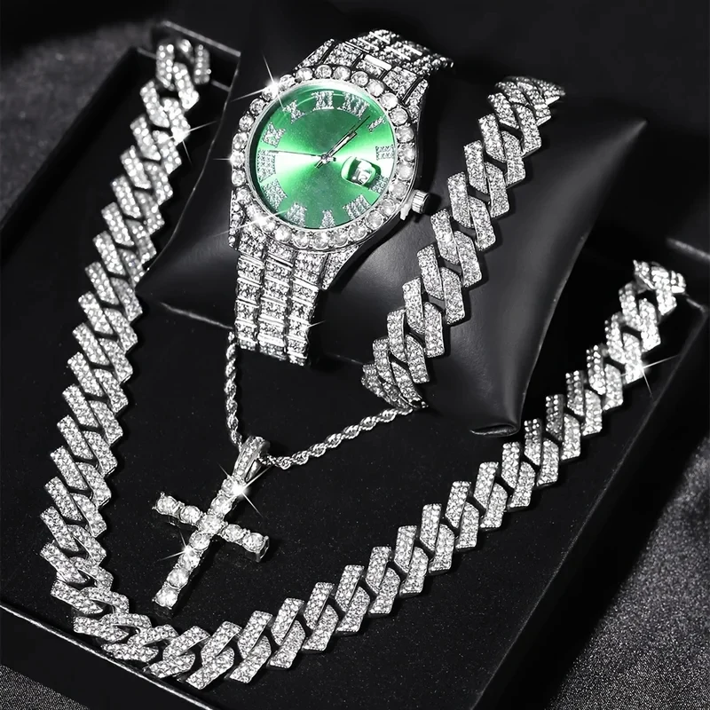 4pcs/set Luxury Woman Watch Bling Wrist Watch & Hip Hop Cuban Chain Necklace Electronic Quartz Movement Party Ladies Watch 2026