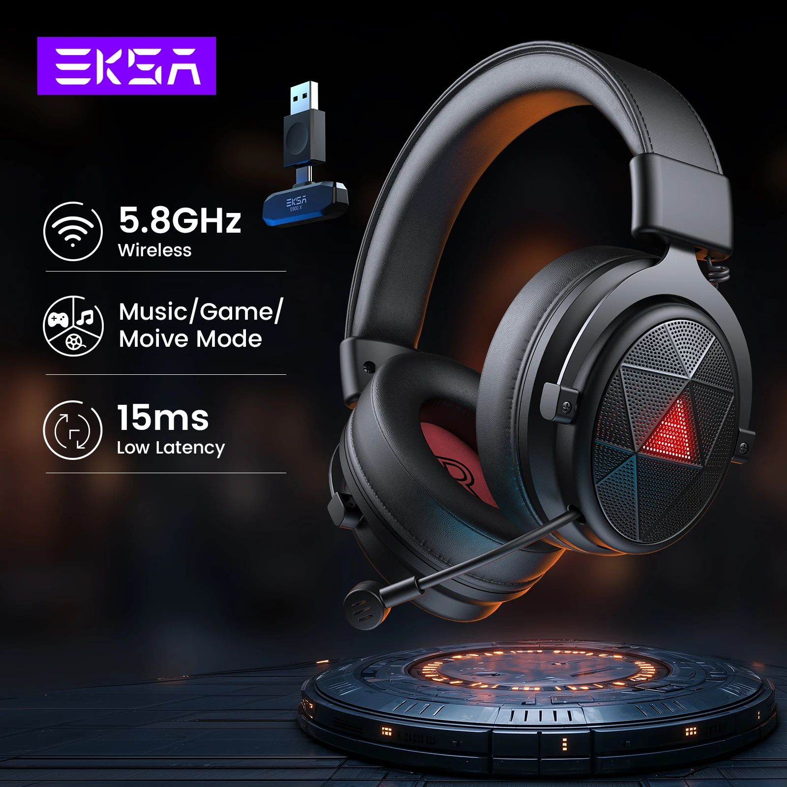 EKSA-E900 X 5.8GHz Wireless Headphones, 15ms Low Latency Gaming Headset Gamer, ENC Noise Cancelling Mic, for PC/PS5/Xbox/Switch