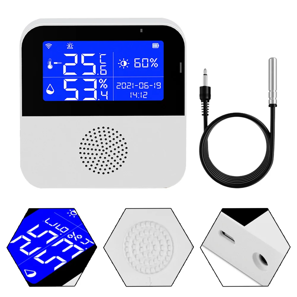 Sensor de temperatura wi-fi com tela de exibição de sonda externa, monitor remoto inteligente, termômetro interno, higrômetro, display lcd