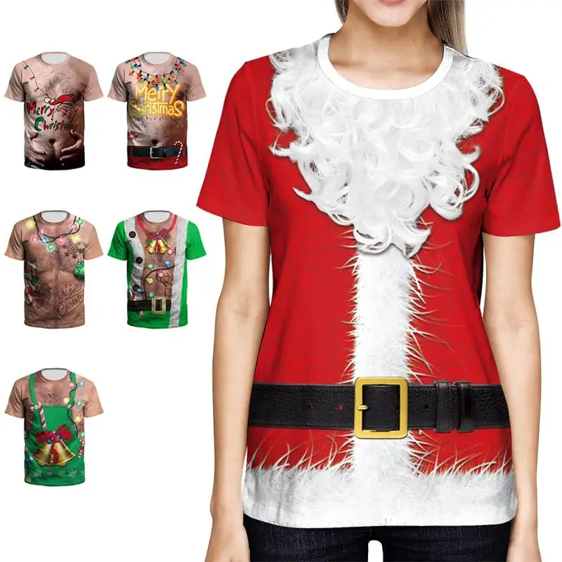 

Santa Claus Cosplay Costume Couple T-Shirt Merry Christmas Graphic Tee Muscles Print Novelty Top Green Unisex Clothes Xmas Gifts