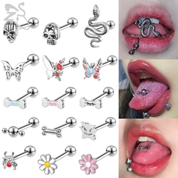 ZS 1 Piece 14G Stainless Steel Tongue Piercing Ring Colorful Butterfly Bone Tongues Stud Punk Skull Snake Body Piercings Jewelry