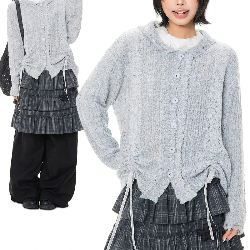 2026 Autumn New Sweet Cool Loose Women's Clothing Korean Girl Design Hollow Out Drawstring Gray Knitted Cardigan Jackets Ladies