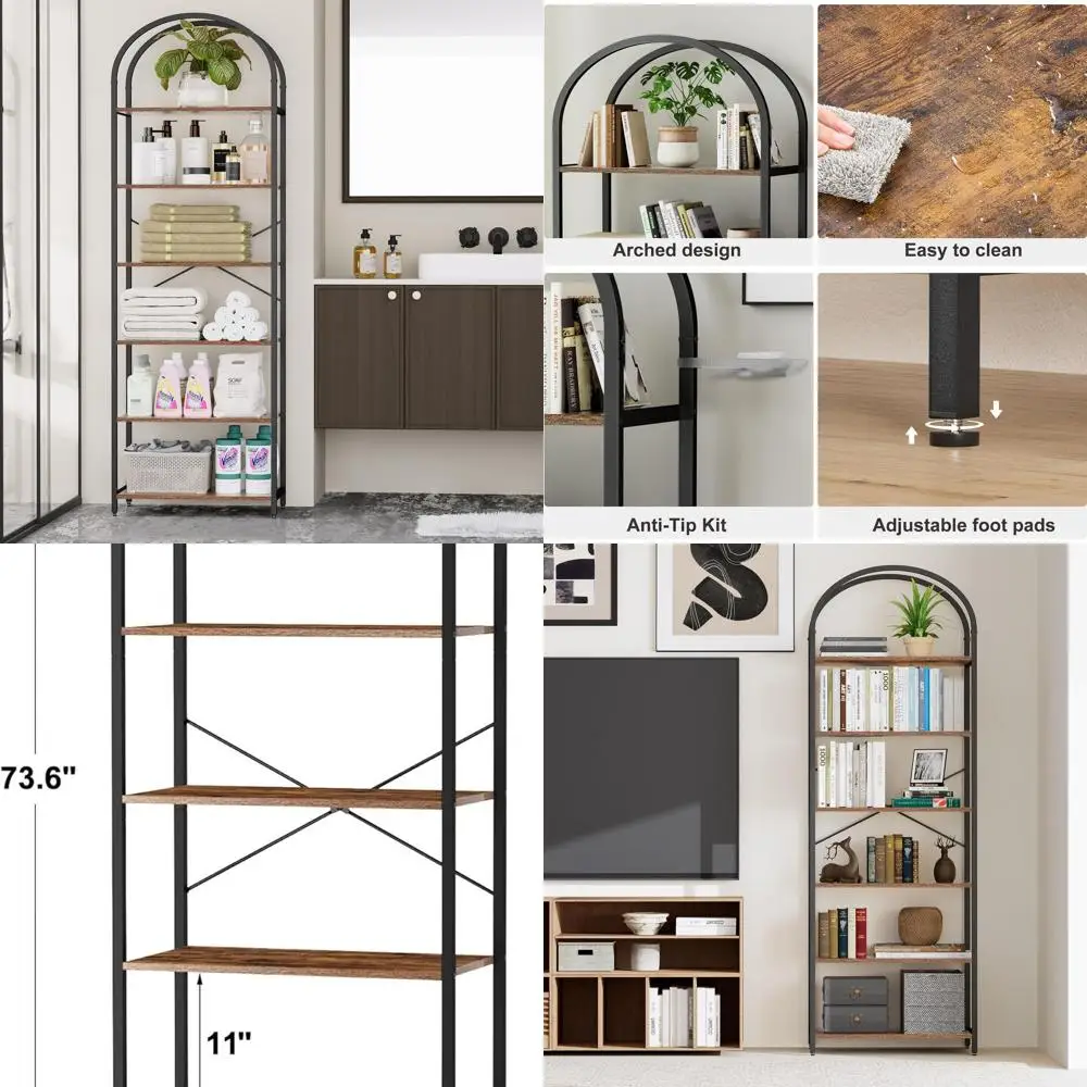 

6-Tier Bookshelf Arched Display Racks, Wood and Metal Bookcase, Tall Bookshelf, Industrial Display Standing Shelf Unit, for Home