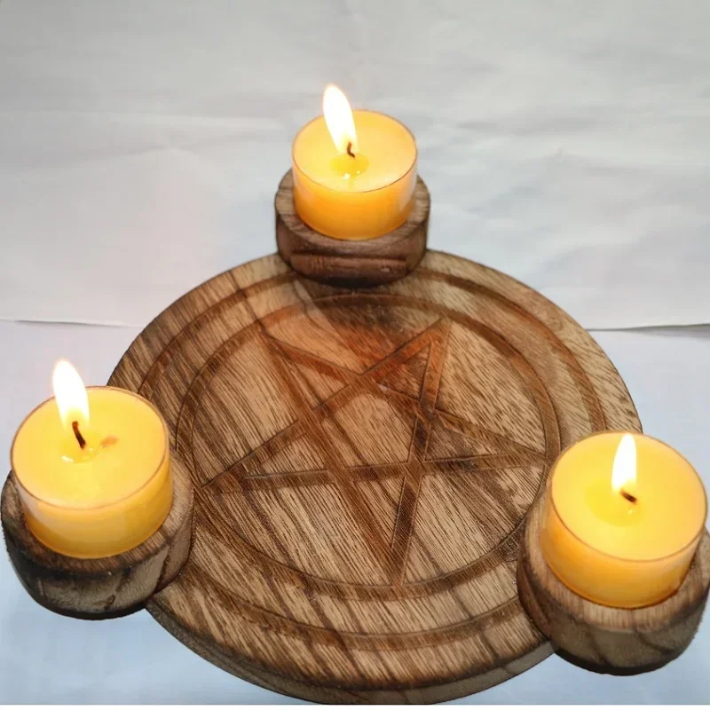 

Astrology wood Candlestick table Pentacle altar candle holder plate Triquetra wooden Divination Wicca ceremony Accessories