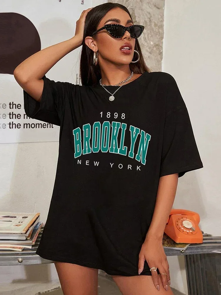 Vintage Oversized T-Shirt Women 1898 Brooklyn York Letter Drop Shoulder Print T Shirt Simple Clothes Female Tshirt Y2K Top