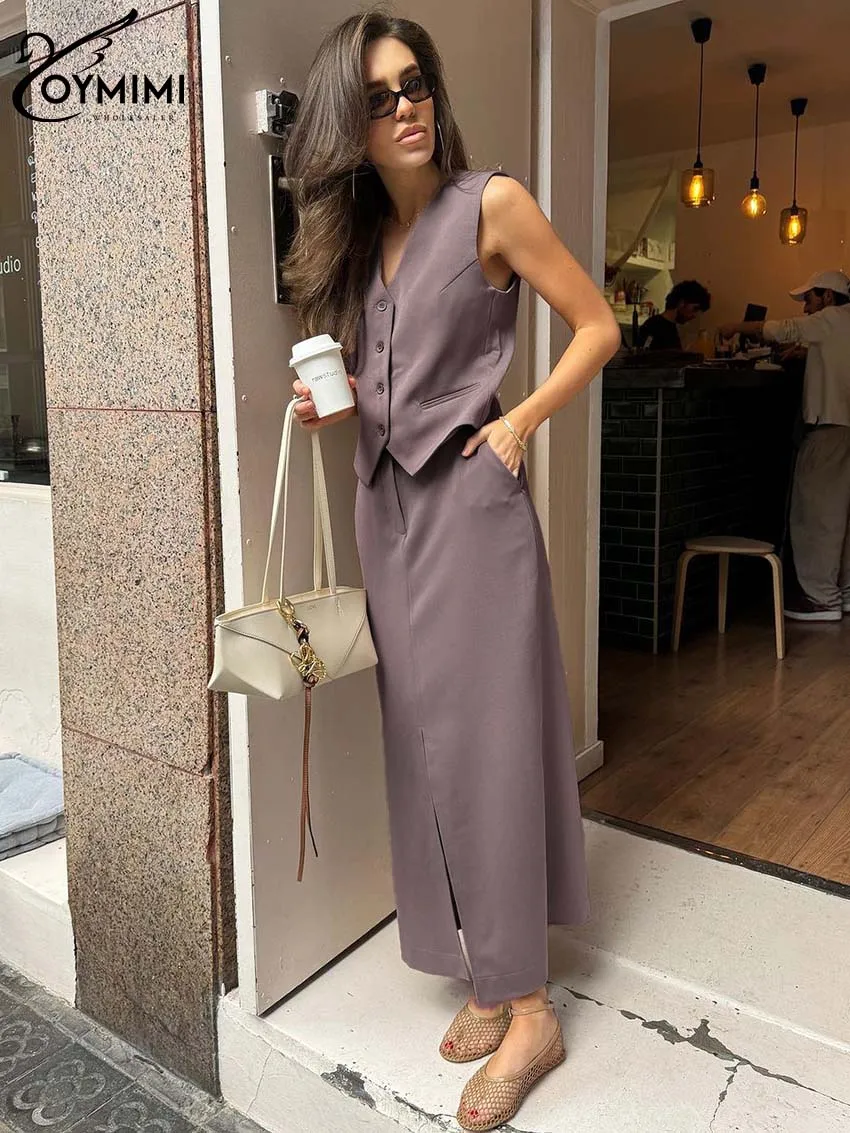 Oymimi Casual Purple Two Piece Set For Women Fashion V-Neck Sleeveless Tank Tops And Pockets Straight Ankle-Length Skirts Sets