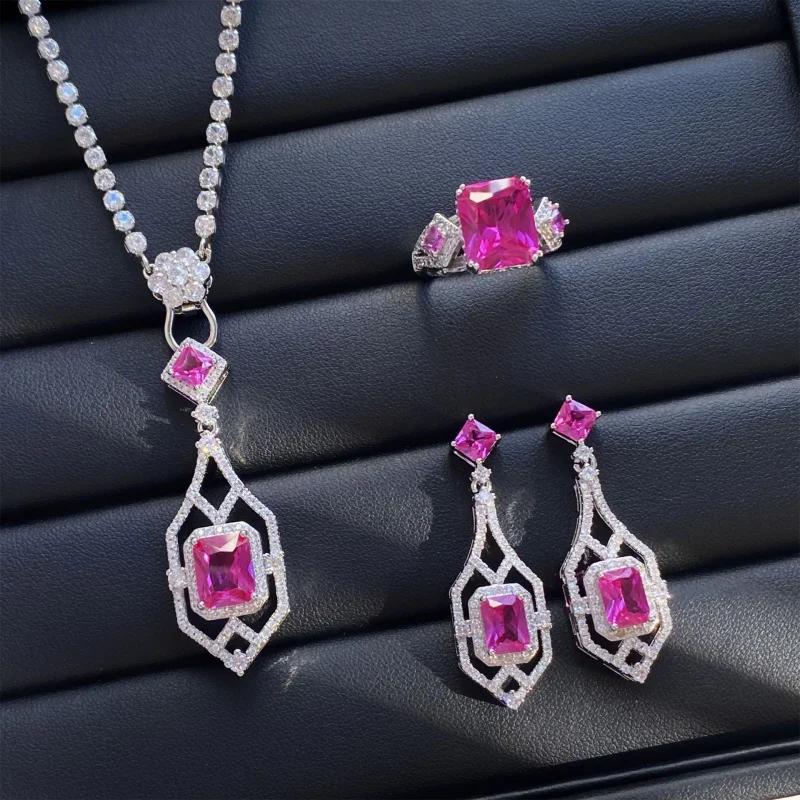 

High-end Princess Square Red Corundum Luxurious Three-piece Set Full Diamond Geometric Open Ring Female Temperament Pendant Earr