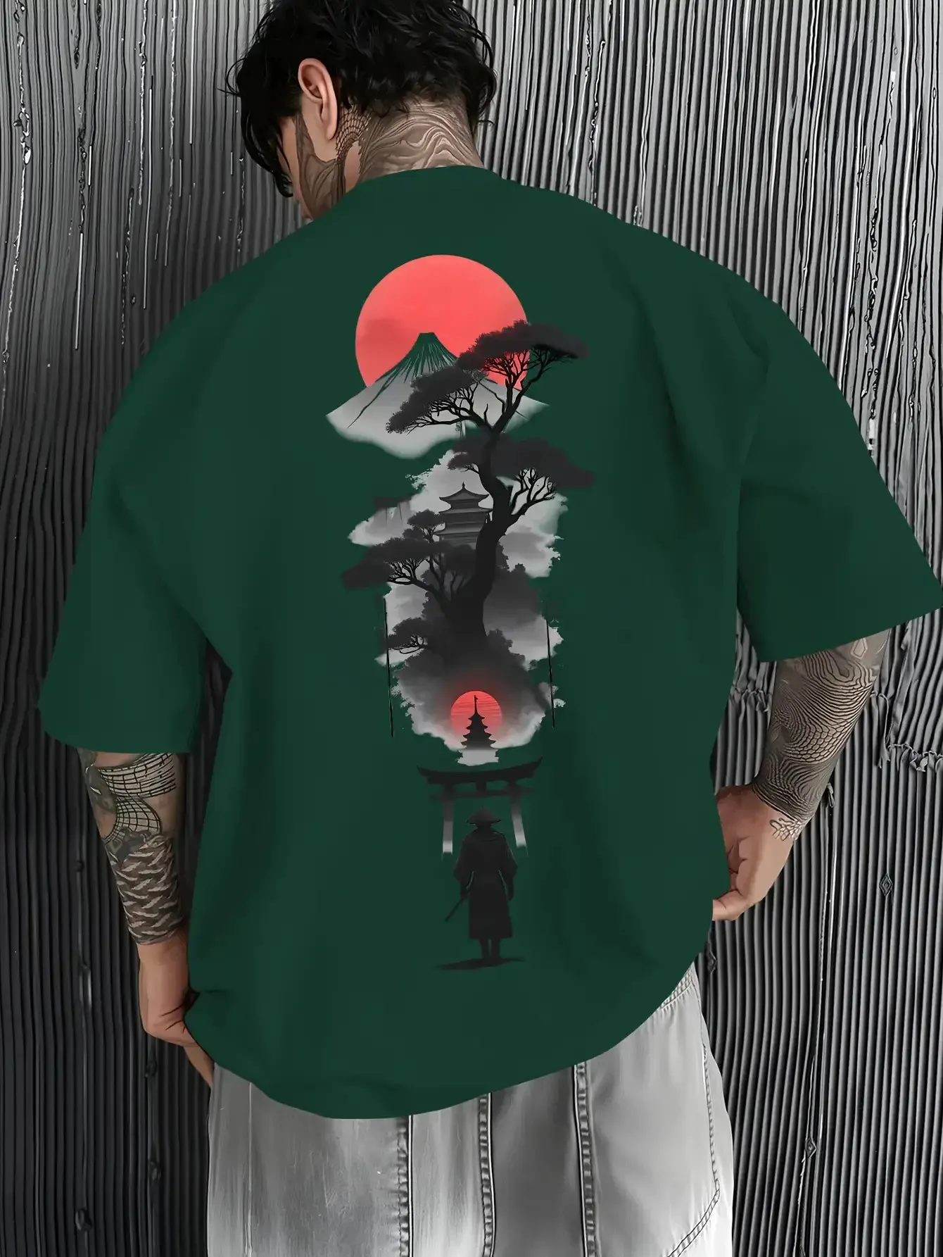 Summer Men's Mount Fuji Torii Pine Tree Samurai Ink Wash Print Loose and Comfortable Japanese Style Casual Outfit 100% Cotton
