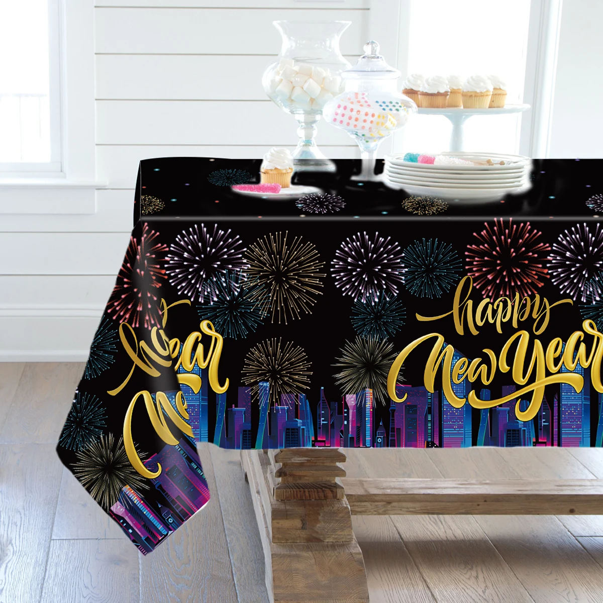 Mantel de PE con fuegos artificiales de Año Nuevo, Navidad Natal, cubierta de mesa, adornos navideños para el hogar, Feliz Año Nuevo 2024, 2025