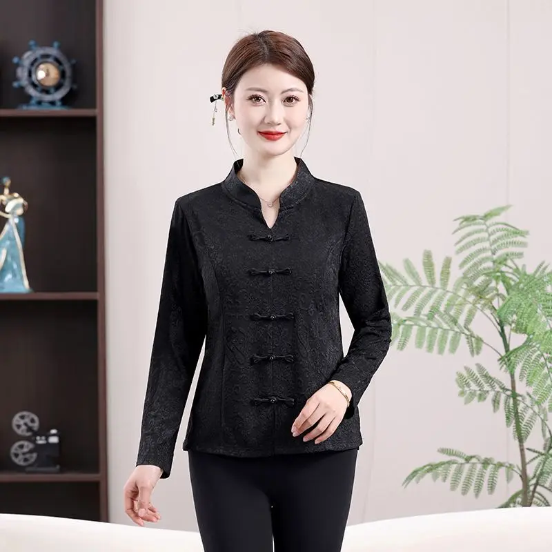 Women New Chinese Style Stand Collar Shirt Retro Ethnic Frog Button Long Sleeve Blouse For Middle Aged Mom