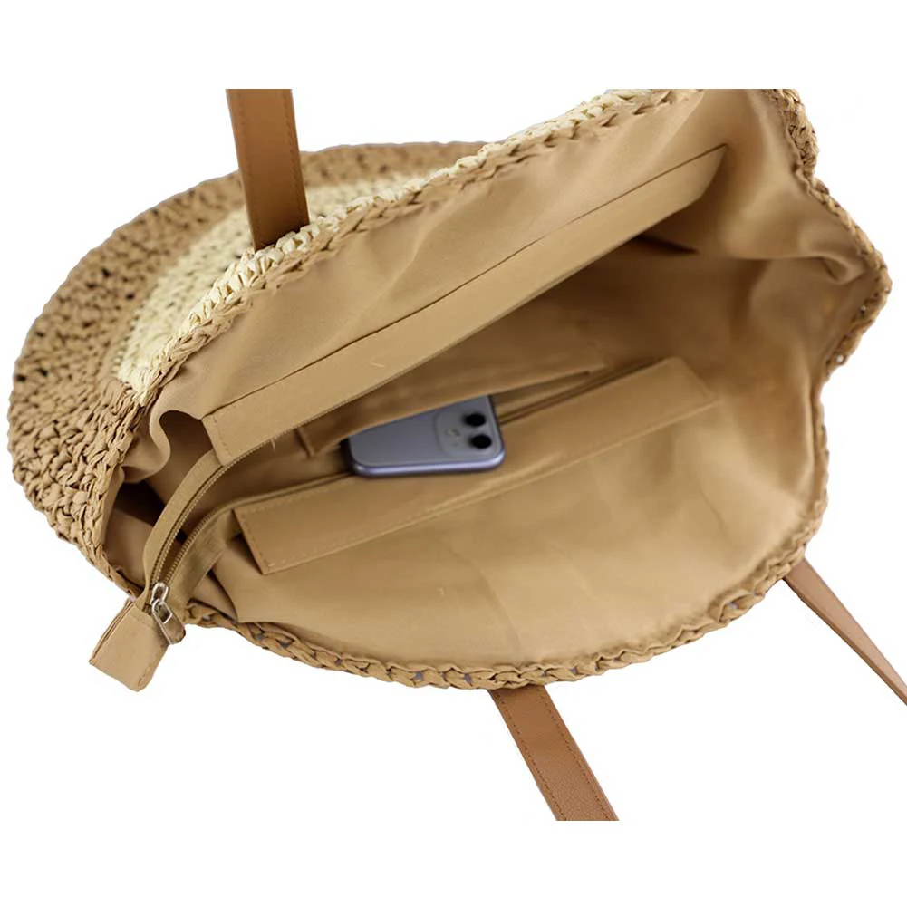 Borsa tote casual rotonda con chiusura a cerniera Borsa da spiaggia grande in tessuto con borsa da viaggio per vacanze con collisione colorata per donne e ragazze