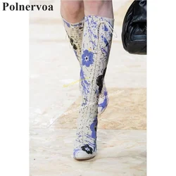 Stylish Cross Tied Knee High Flower Print Boots High Heel Women Shoes Side Zipper Round Toe 2024 Fashion Zapatos Para Mujere