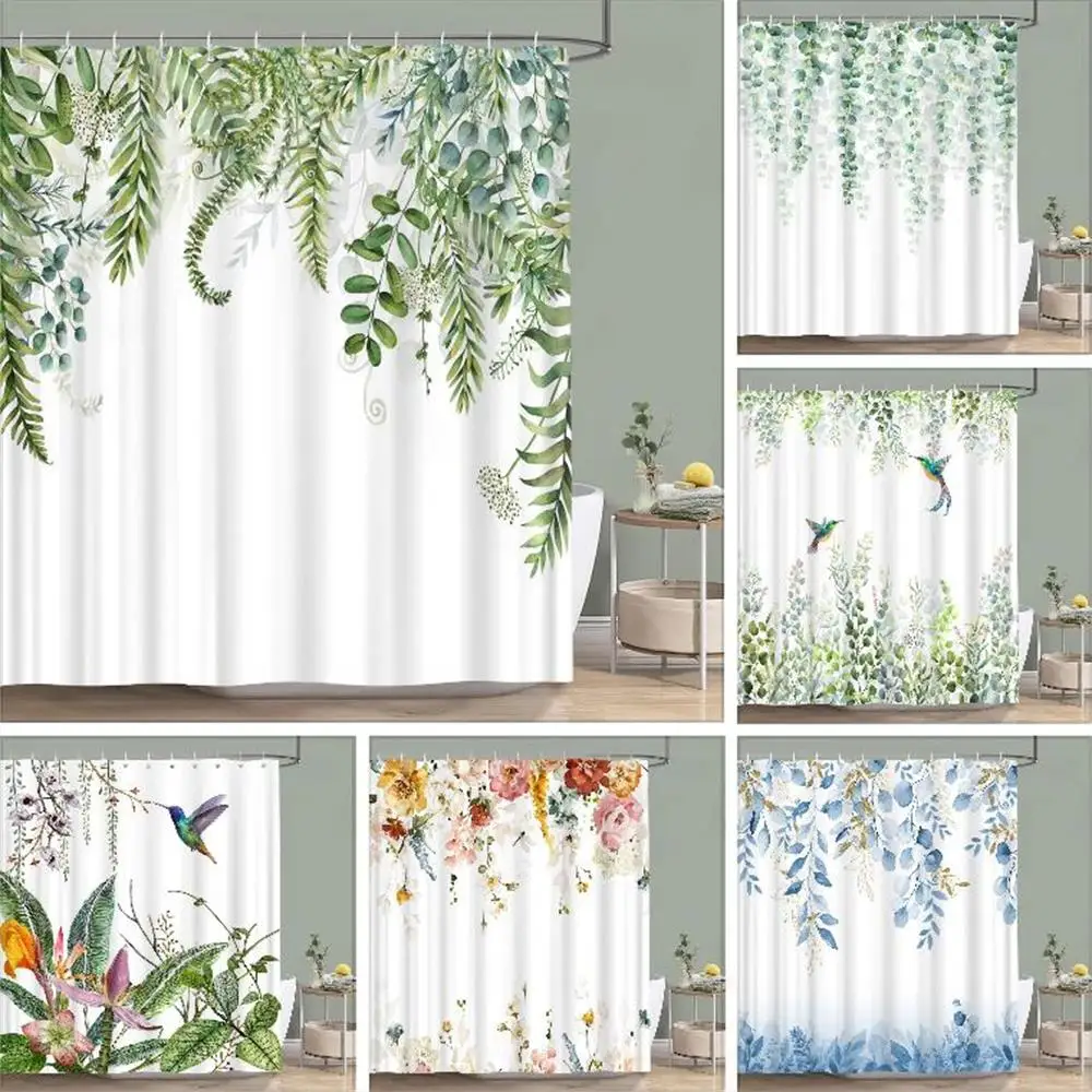 Sage Green Shower Curtain Plant Botanical Eucalyptus Leaf Watercolor Greenery Leaves Floral Bath Curtains Fabric Bathroom Decor