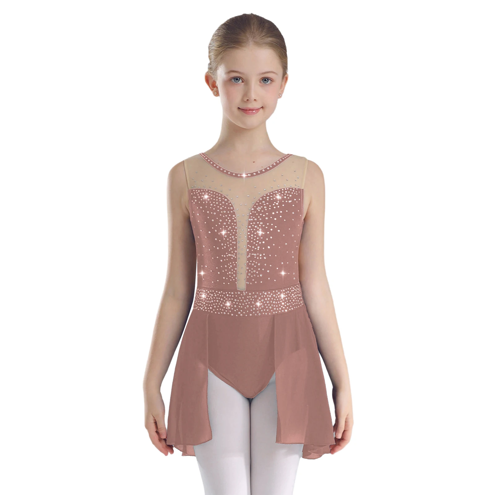 Rhinestone Gymnastics Figure Skating Leotard Dress for Kids Girls Sleeveless Sheer Mesh Tutu Ballet Lyrical Performance Costume