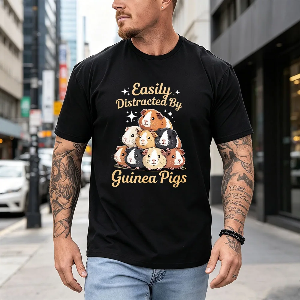 Easily Distracted by Guinea Pigs Tshirt Pet Lover Design Cotton Short-sleeve Tees Cute Pet Stack Humor  Unisex Streetwear Shirt