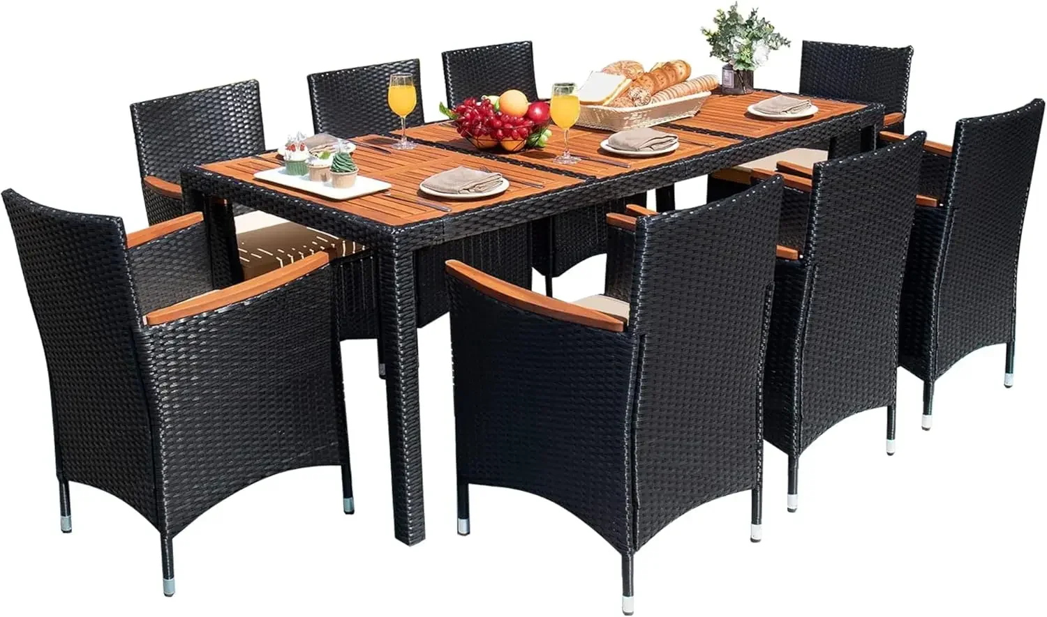 Devoko Outdoor Terrace Dining Set 9-piece set with Acacia wood tabletop and widened armrests, suitable for backyard use