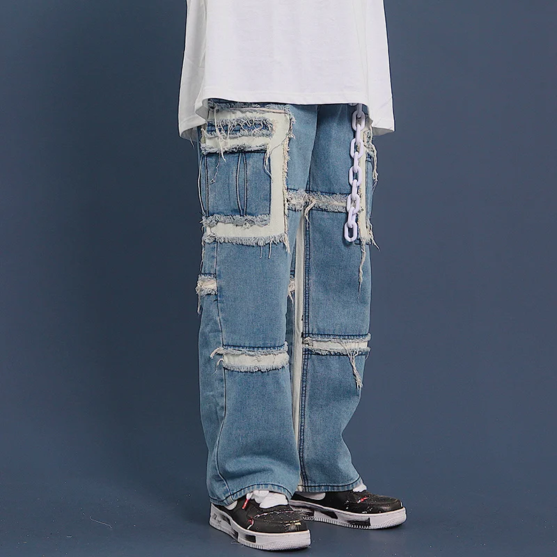 wear /men's streetewar hip hop loose raw edge patchwork loose jeans male 2022 Spring new straight denim patns 2Y1252