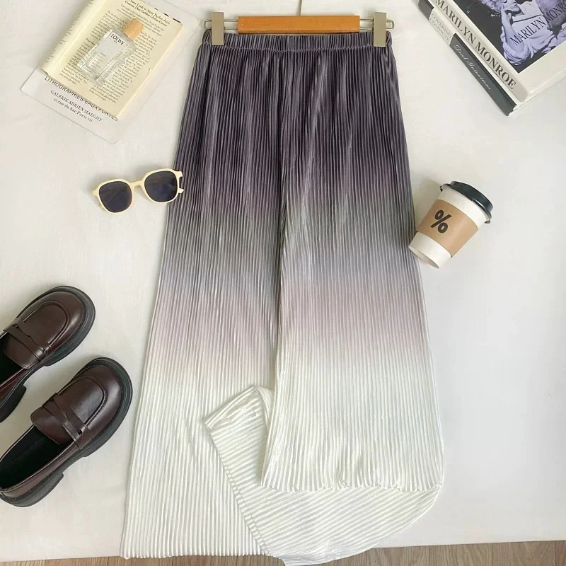 2026 New Spring Autumn Women Gradient Wide Leg Pants Elastic High Waist Long Casual Pants Female Ankle-Length Pleated Trousers