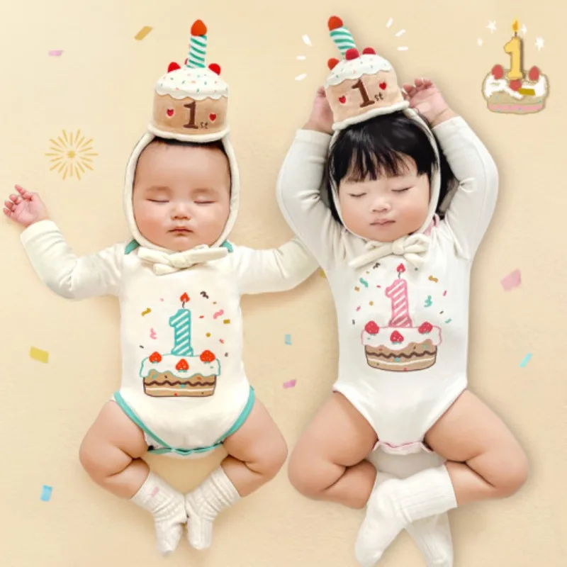 Baby 1st Birthday Romper Long Sleeve Hooded Cake Candle Print Infant First Birthday Party Photo Outfit for Boys Girls B8104