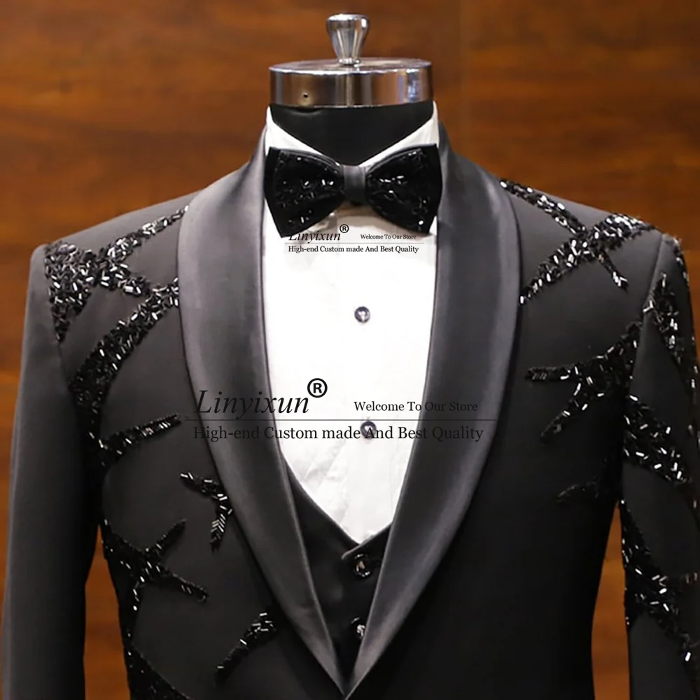 Luxurious Metallic Beaded Men Suits Wedding Prom Groom Tuxedos 3 Pieces Bridegroom Prom Blazers Slim Fit Male Costume Homme