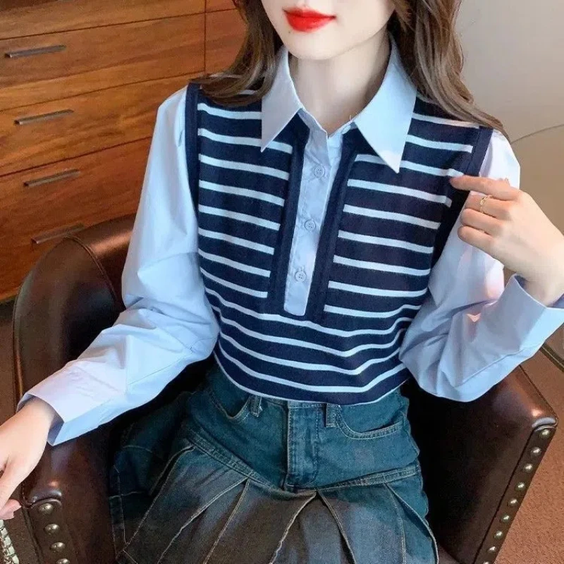 Autumn Winter New Fashion Turn-down Collar Long Sleeve Striped Pullovers Women\'s Clothing Fake Two Pieces Knitting Korean Tops