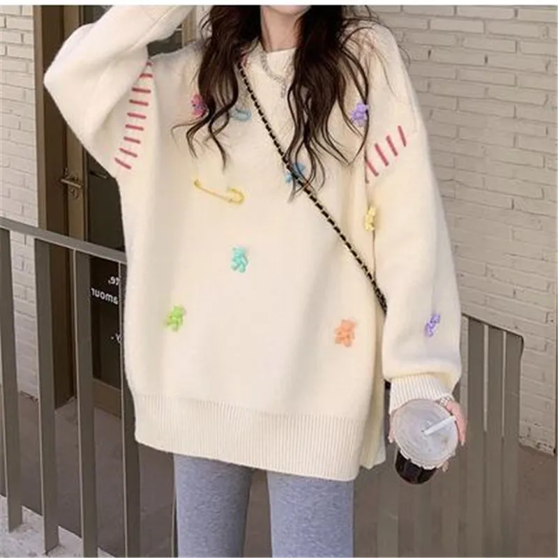 Stylowy koreańskie Kawaii sweter damski jesienno-zimowy z długim rękawem luźne góra sweter z okrągłym dekoltem codzienna moda damska elegancki