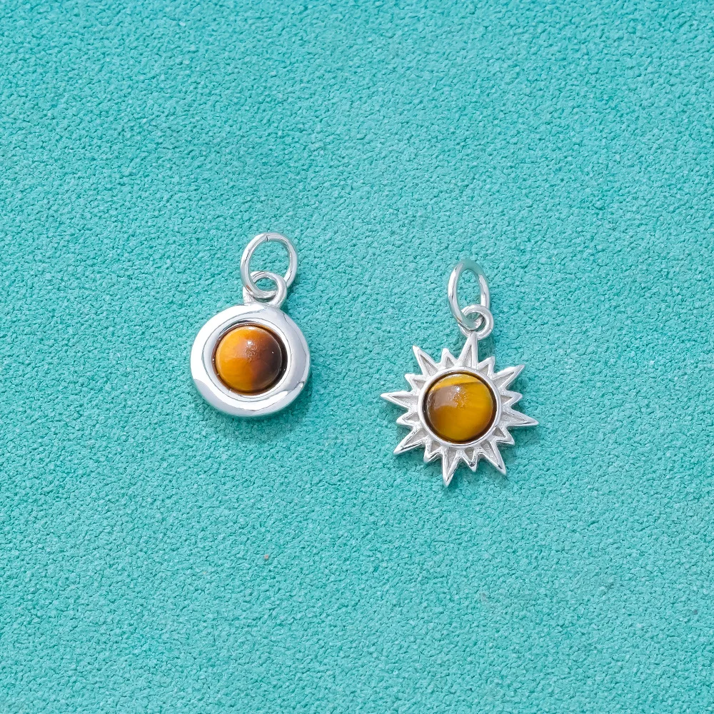 925 Silver Charms Tiger's Eye Stone Round Pendant Sun Charm Pendant DIY Pendant Necklace Accessries Jewelry Silver 925 Charms