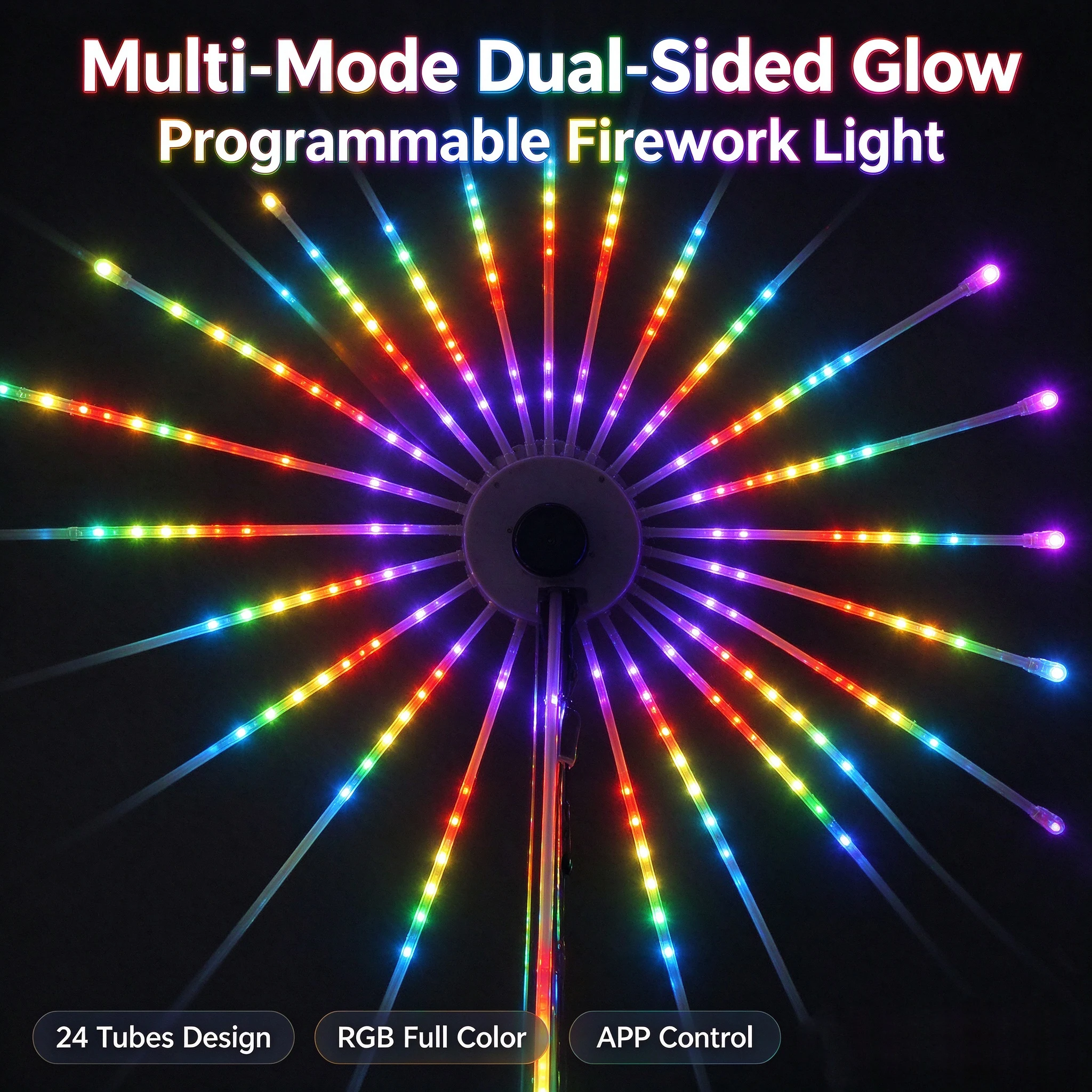 Waterproof Sound Activated RGB Firework Lights 24 Tubes Dual Speakers APP Control for Park Courtyard Decor