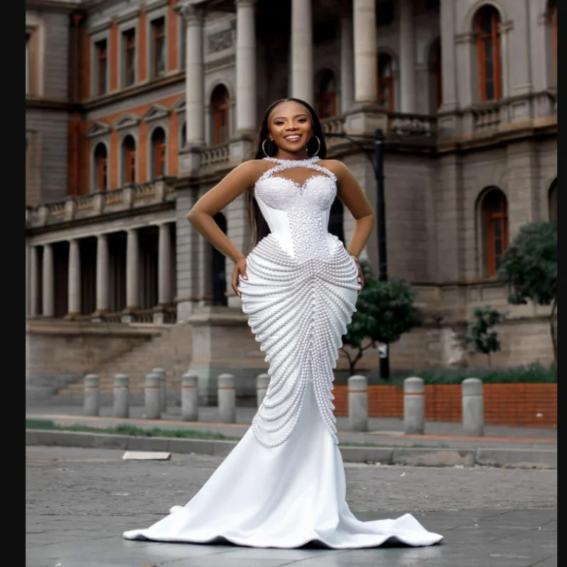 

Customized Sheer Neck Shinny Heavy Pearls Mermaid Wedding Dress Sweep Train Robe De Marriage Outdoor Luxury Bridal Gown
