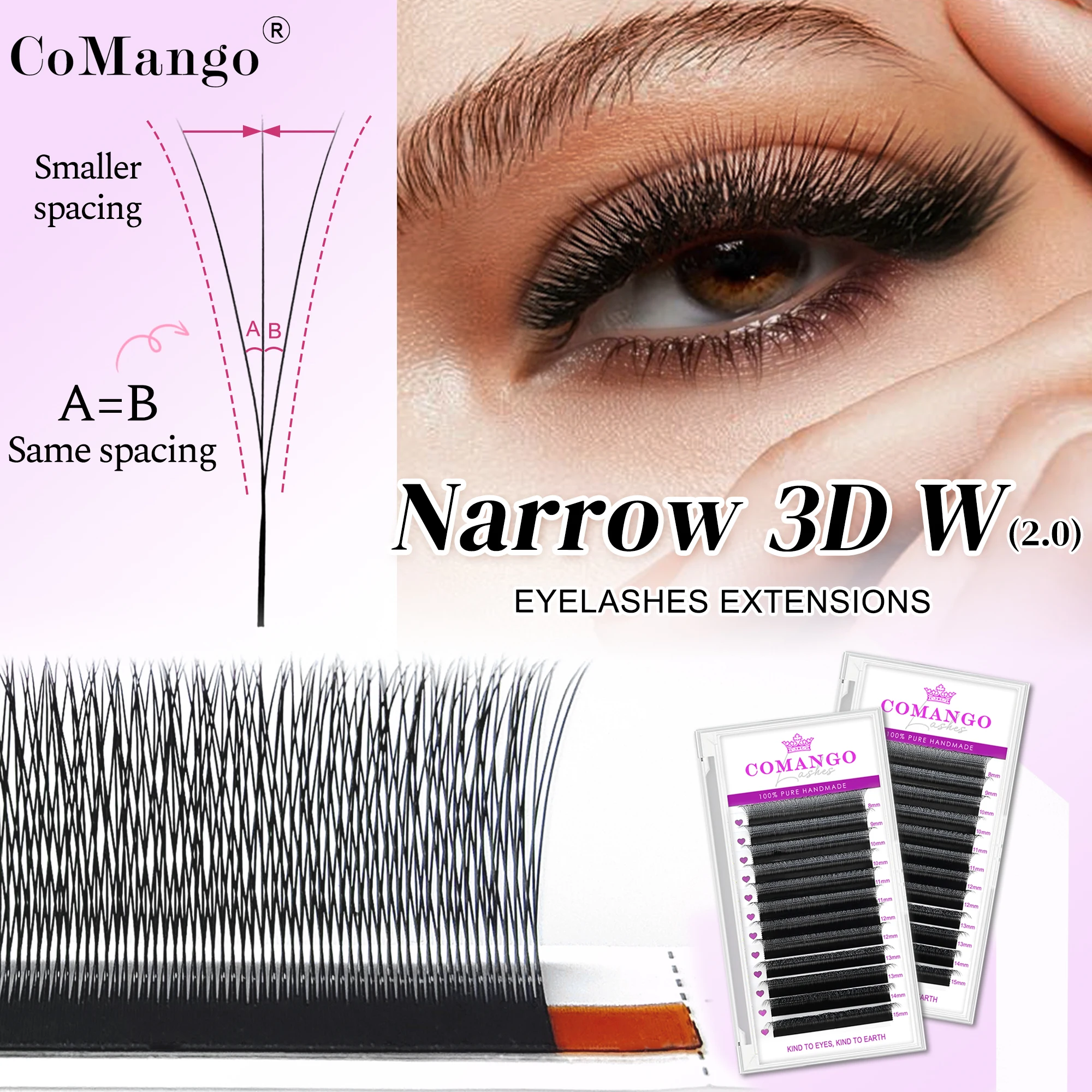 CoMango Narrow 3D W Eyelash Extension Premade Fans Small Spacing 3D Spark Clover Lash Fans 0.07mm W Shape  Natural Look Lashes