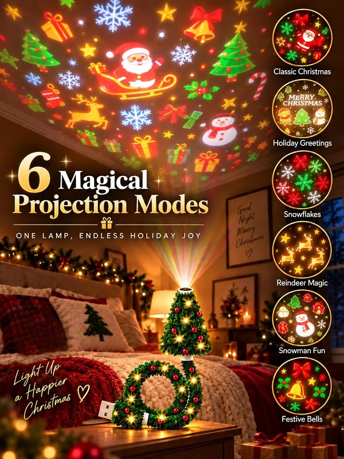 Christmas Ceiling Projector Light, USB Powered Christmas Night Light with 6+ Holiday Patterns, Flexible Tree Lamp for Bedroom