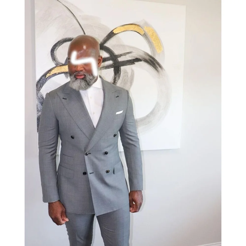

Men's Grey Double Breasted Suit Set Tailored Formal Business Office Wedding Tuxedos Chic Peak Lapel Solid Color Male Suit