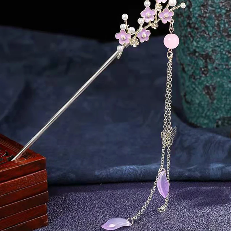 Vintage Hanfu Hair Stick Chinese Classic Crystal Bead Hairpins Flowers Hair Stick With Tassel Headwear Wedding Accessories