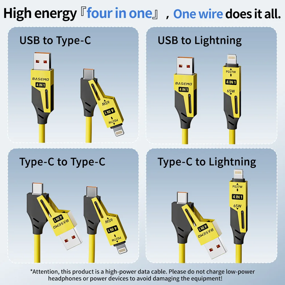 4 in 1 Convertible Fast Data Cable Type-C PD 65W 27W USB C USB A Multiple Charging Cable