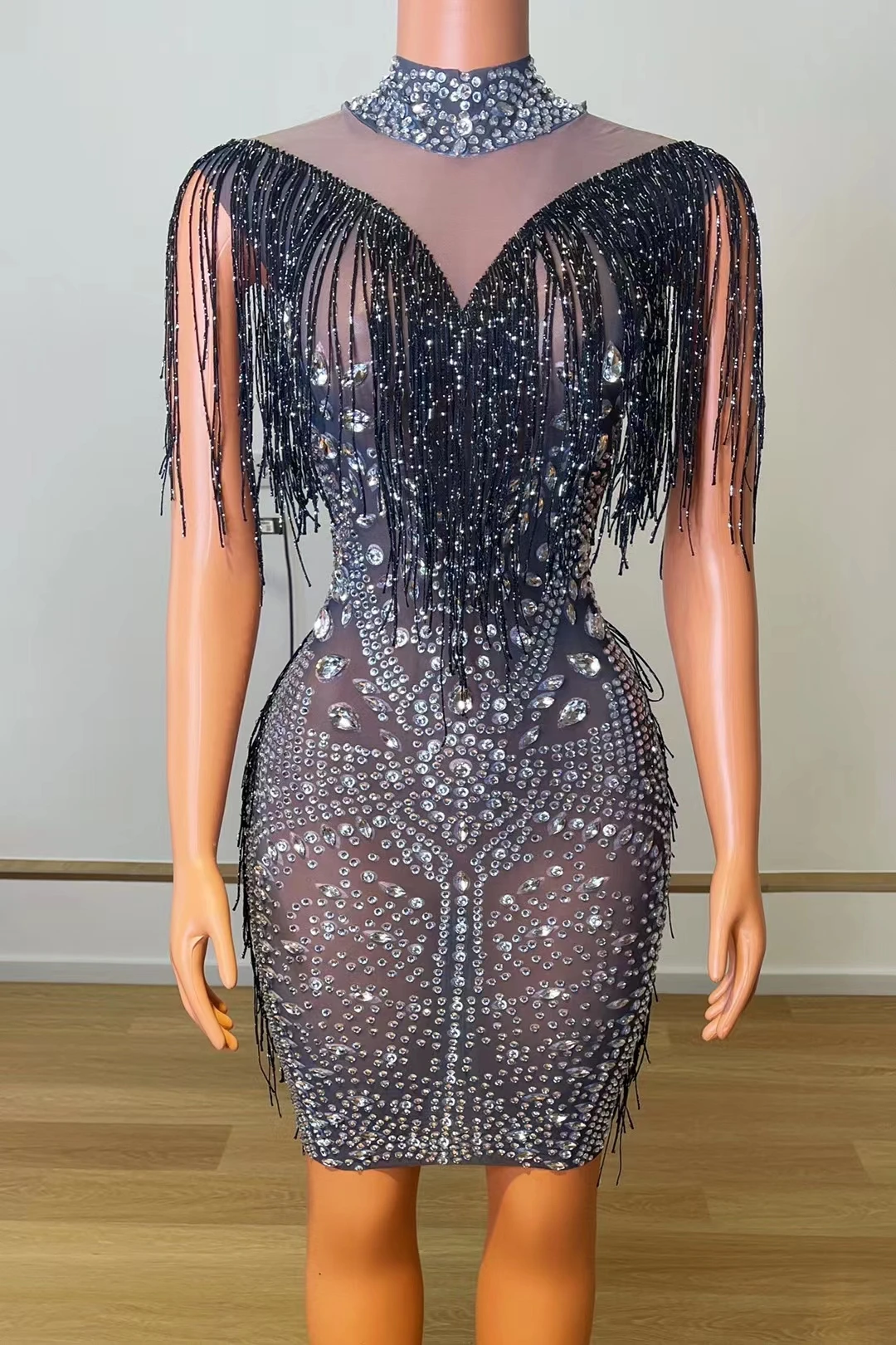 

Sparkly Rhinestones Mesh Tassel Bodycon DressWomen Singer Star Concert Transparent SexyStage Costume Prom Party Birthday A119